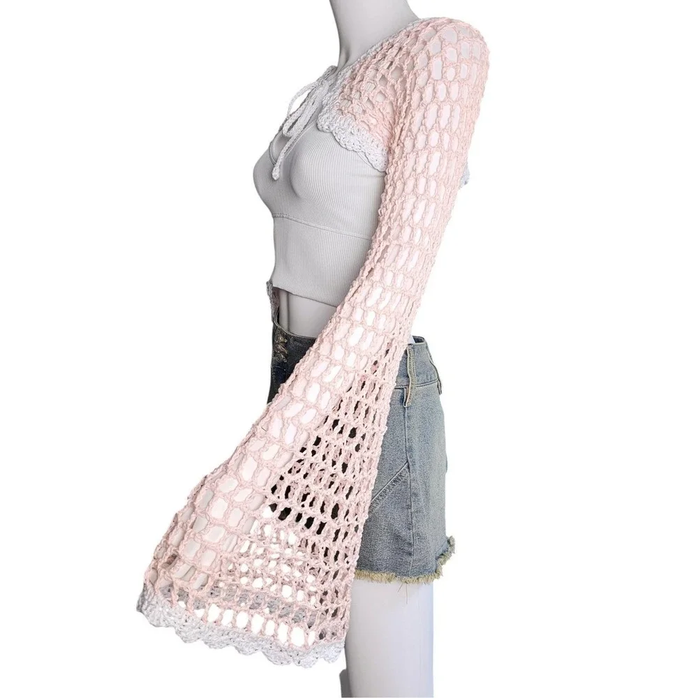 Handmade‎ Crochet Bell Sleeve Front Tie Summer Cardigan, Festival Bohemian Shrug